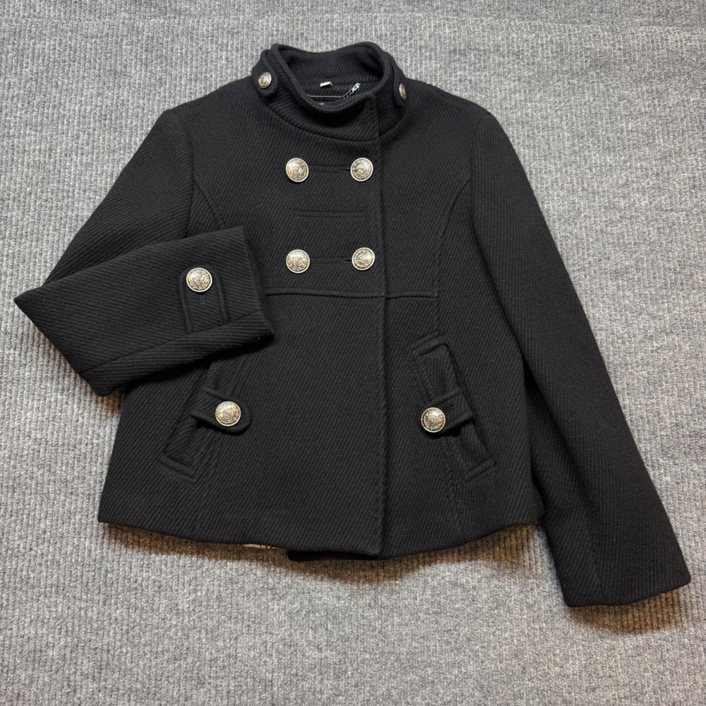 Steve Madden Military Peacoat Womens L Black Wool Blend Leopard Lined Jacket